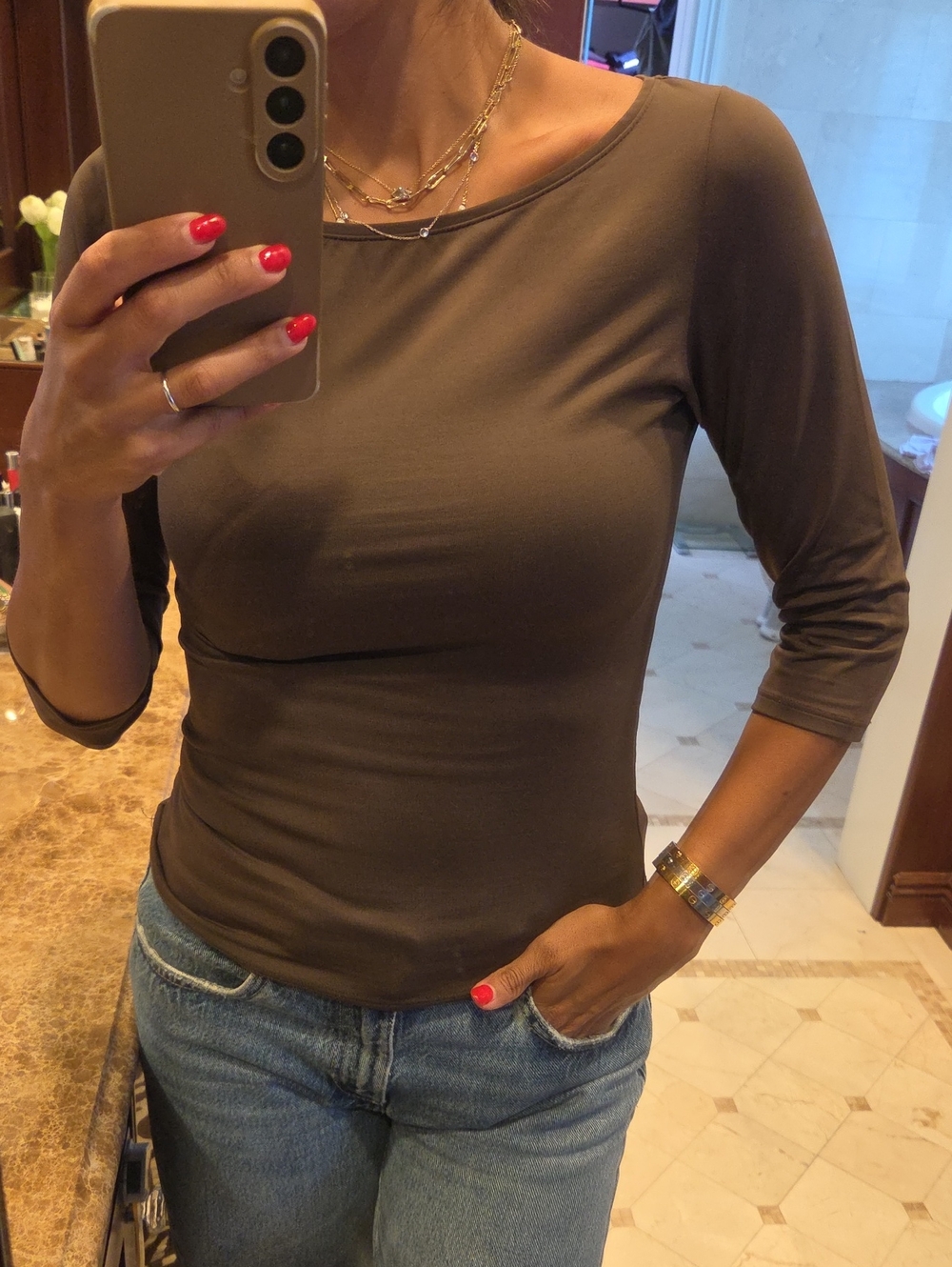 WOMEN'S ZARA BROWN SPANDEX SHIRT BLOUSE TOP BODYSUIT LIKE SZ M $20 - Picture 1 of 4